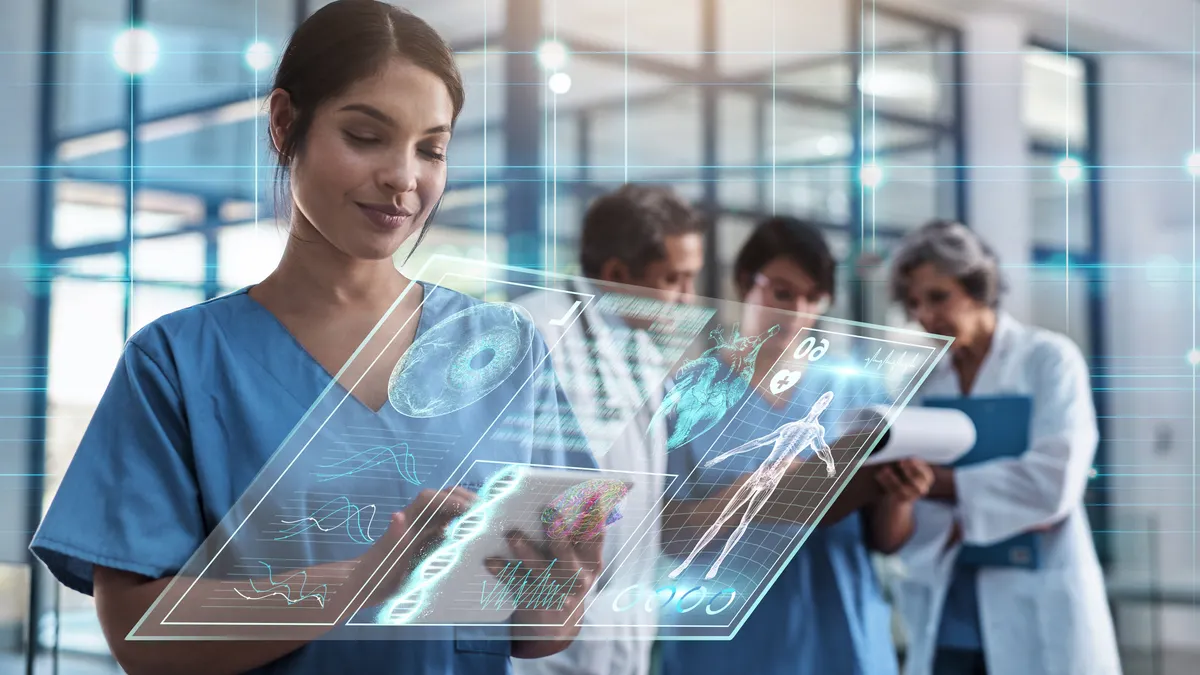 Doctor, woman and tablet in hospital with holographic ux for telehealth, medical innovation and dna study.