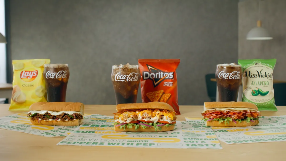 Three versions of Subway's value meal, each consisting of a six-inch sub, small drink and sides.