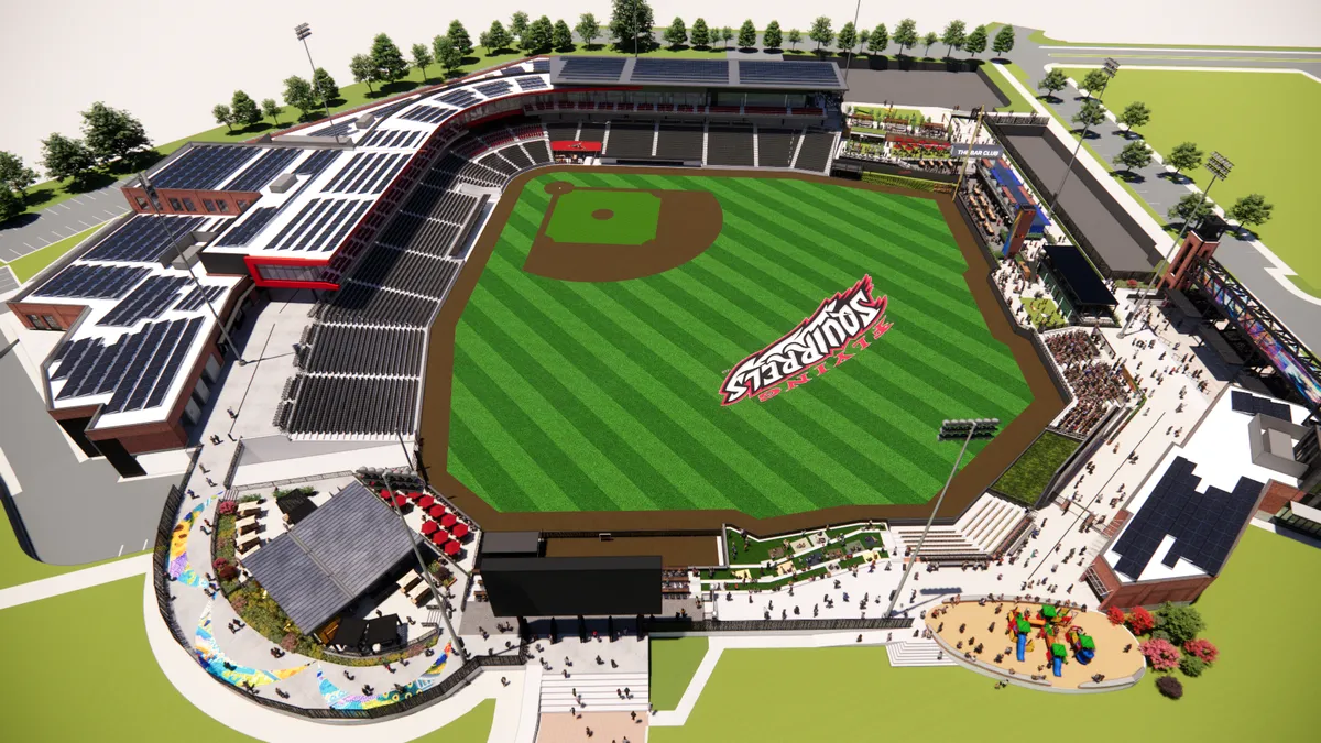 A rendering of the new stadium for the Richmond Flying Squirrels, which looks like a computer generated baseball stadium.