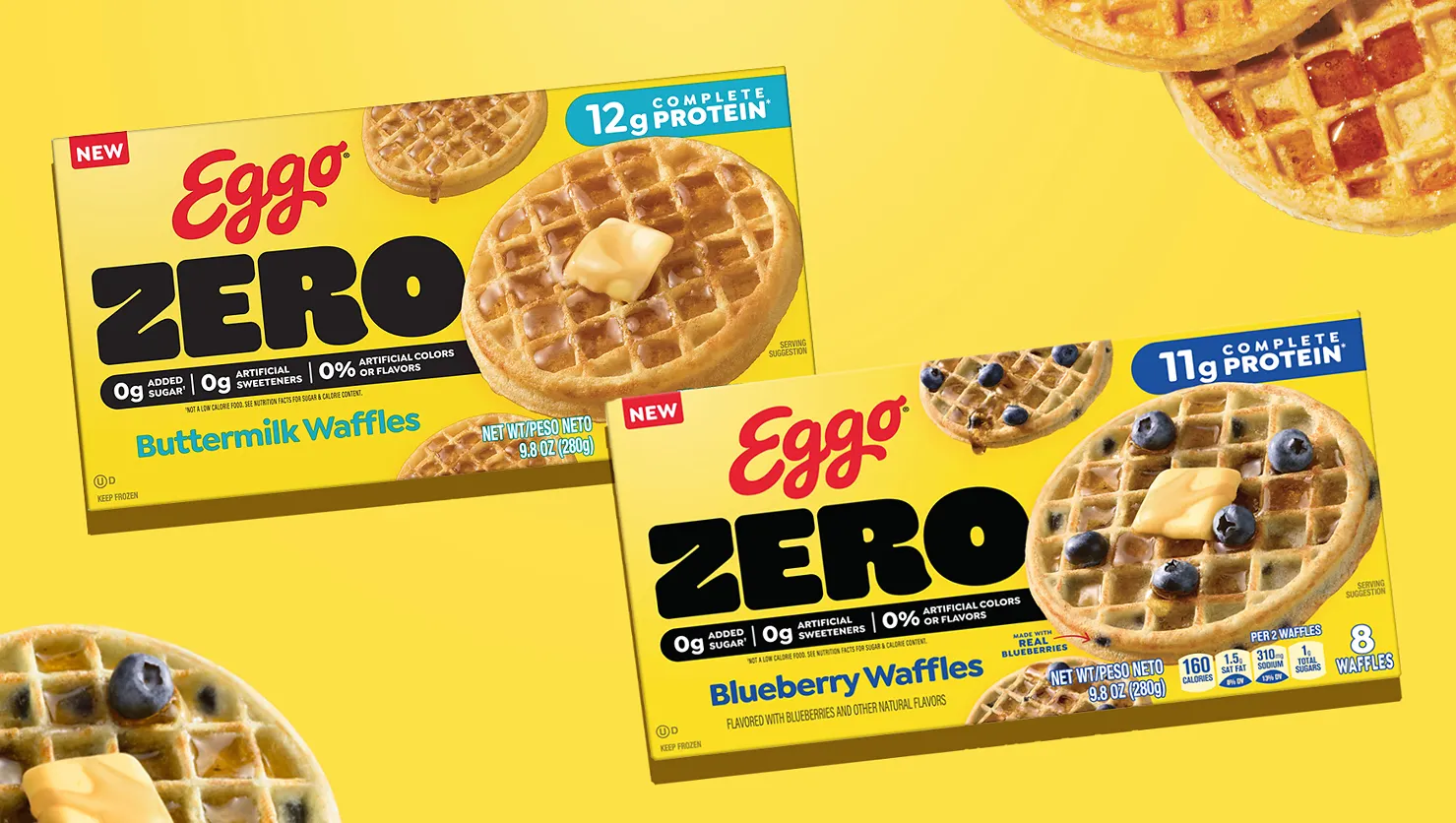 Boxes of Eggo waflles with zero added sugar.