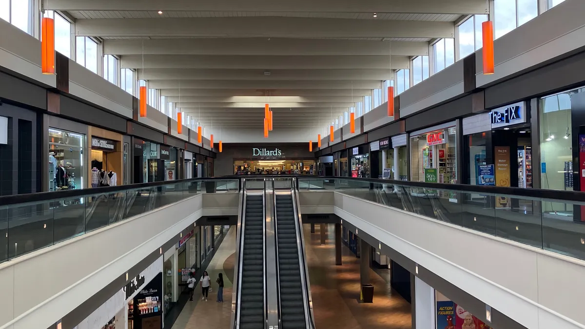 A view from the upper concourse looking toward Dillard's at Greenbrier Mall in Chesapeake, Virginia in July 2024