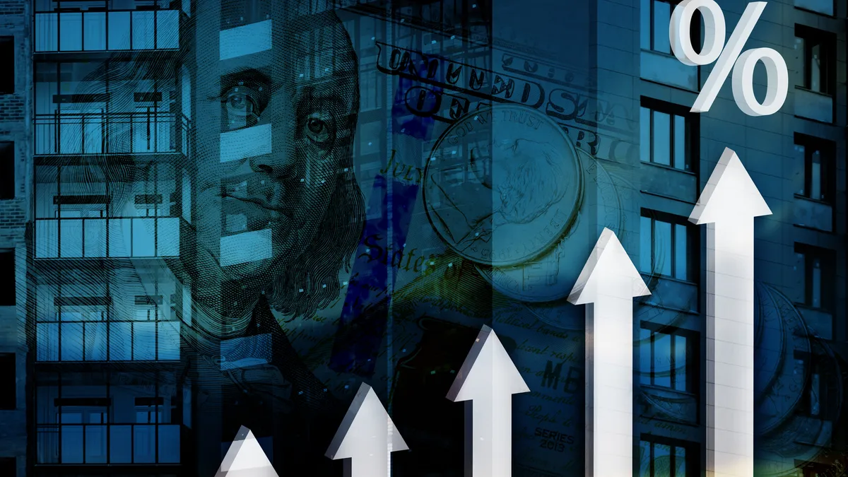 3d arrows and percent sign on the background of a building under construction and US banknotes. The concept of growth of financial and mortgage rates, profits in the construction industry.