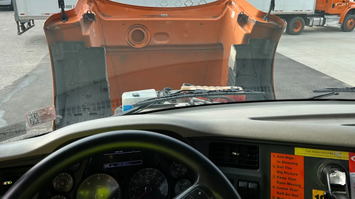 The view from the driver's seat of an A. Duie Pyle truck. The carrier uses speed limiters in its trucks to cap speeds at 65 mph on the pedal and 68 mph on cruise control.