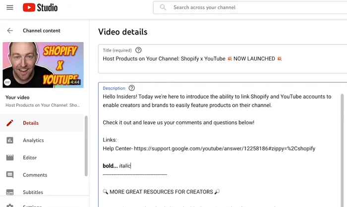 YouTube text markup