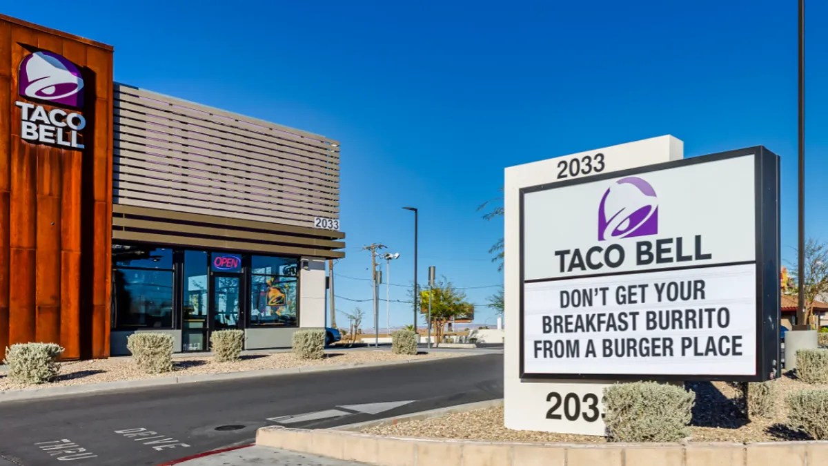 Taco Bell sign about breakfast burritos