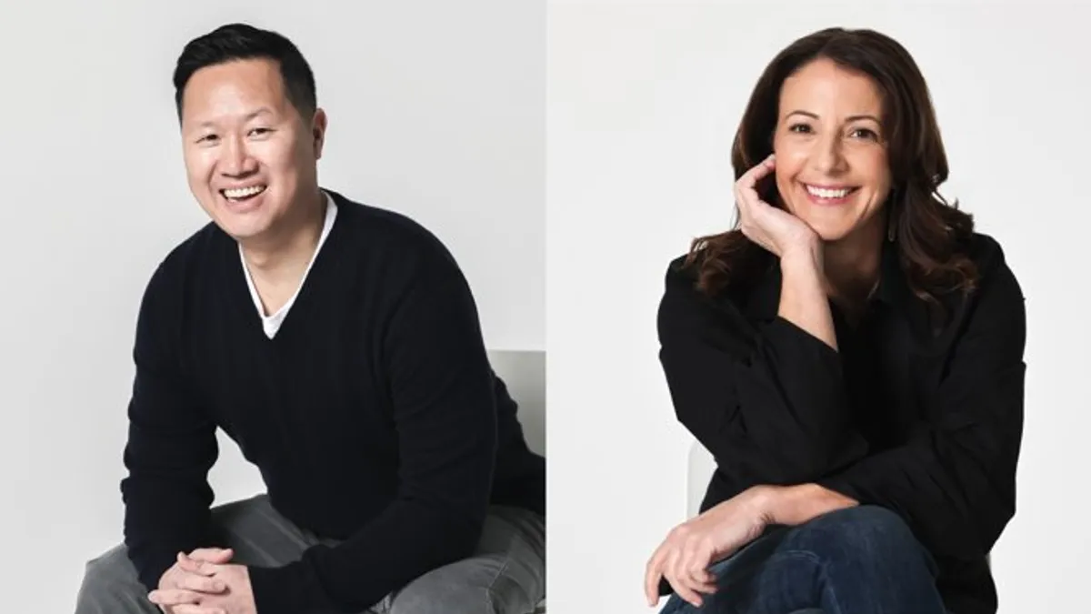 Side by side portraits of two people, both wearing dark clothes and smiling.