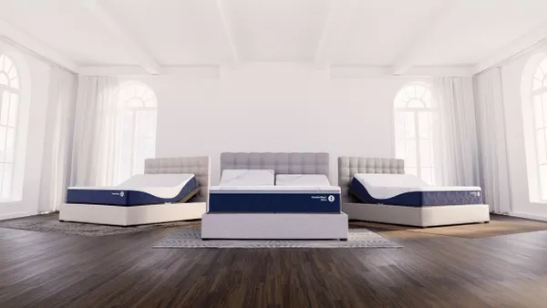 Three large beds in a light-filled room.