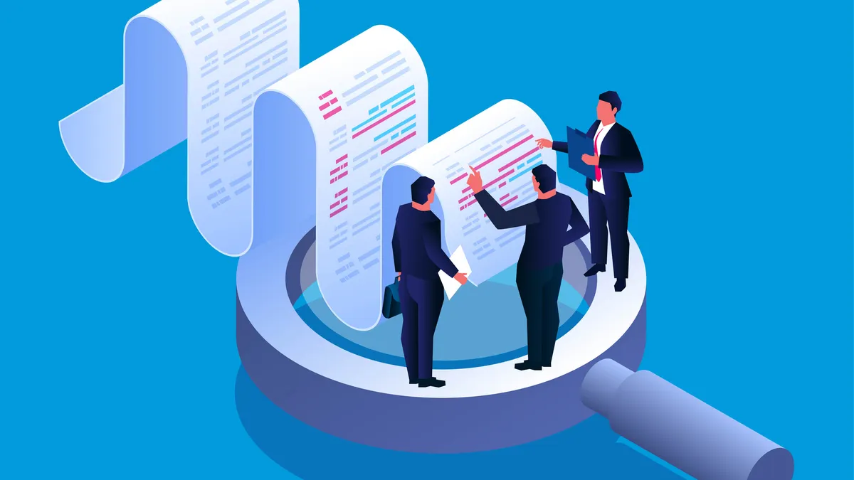 Bill analysis and test check, isometric three businessmen standing on a magnifying glass to discuss and analyze billing data