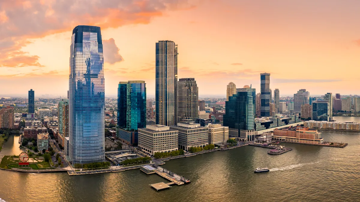 Aerial view of Jersey City, New Jersey, at sunset.