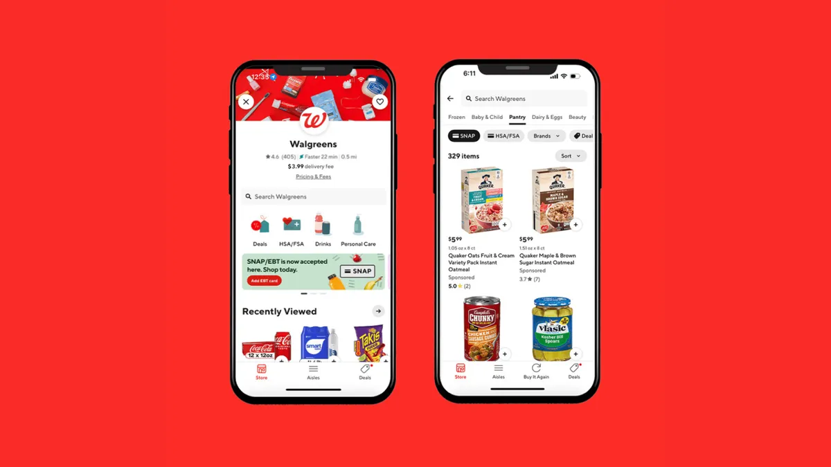 A mobile phone displaying DoorDash and Walgreens.