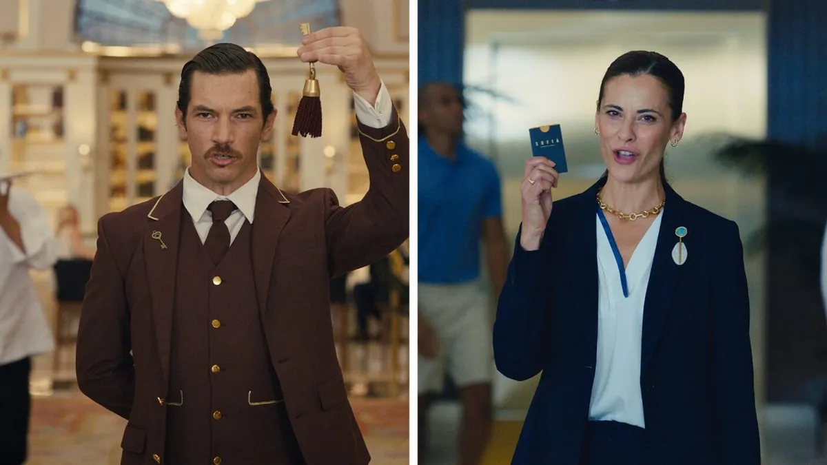 Two employees from different hotels hold up keys in a side-by-side comparison for a Hotels.com ad