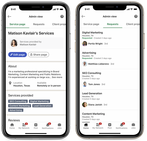 LinkedIn services dashboard