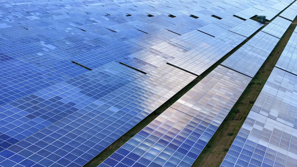 An aerial view of the Shotwick Solar Energy Park on February 25, 2025 in Deeside, Wales.