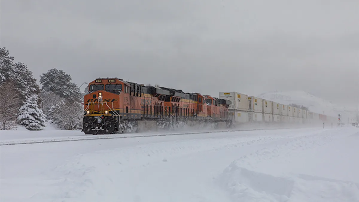 A photo of a BNSF train in the snow from a 2019 press release