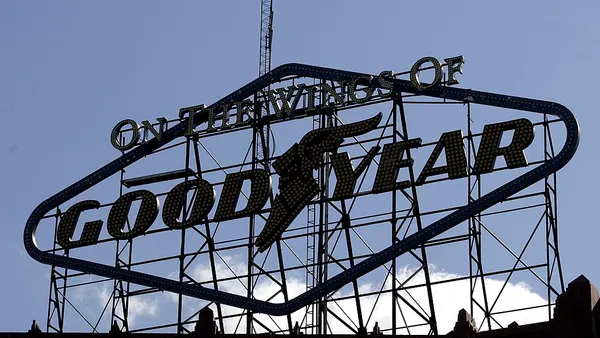 The Goodyear Trademark sits on top of the Goodyear Hall building across from the company's corporate headquarters in Akron, Ohio.