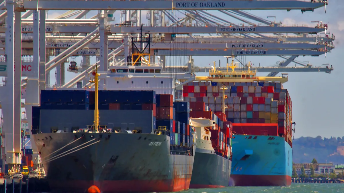 An ocean vessel filled with containers.