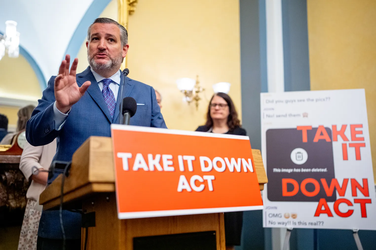 Sen. Ted Cruz stands at a podium with an orange sign that reads "Take It Down Act" in front of another sign with the same language.