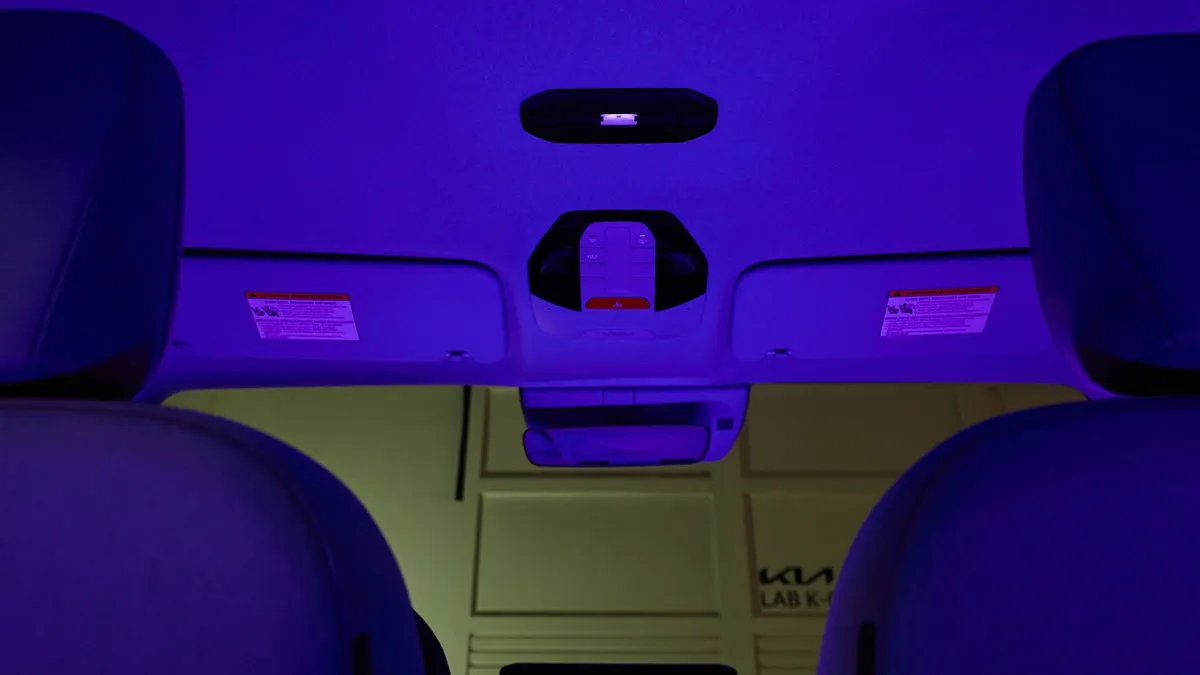 The Hyundai the Plasma Care UVC sanitation system installed in the roof of the cabin in a test vehicle.