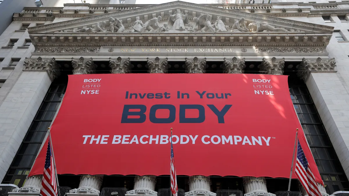 Signage for The Beachbody Company is seen outside the New York Stock Exchange in New York, NY, on June 28, 2021.