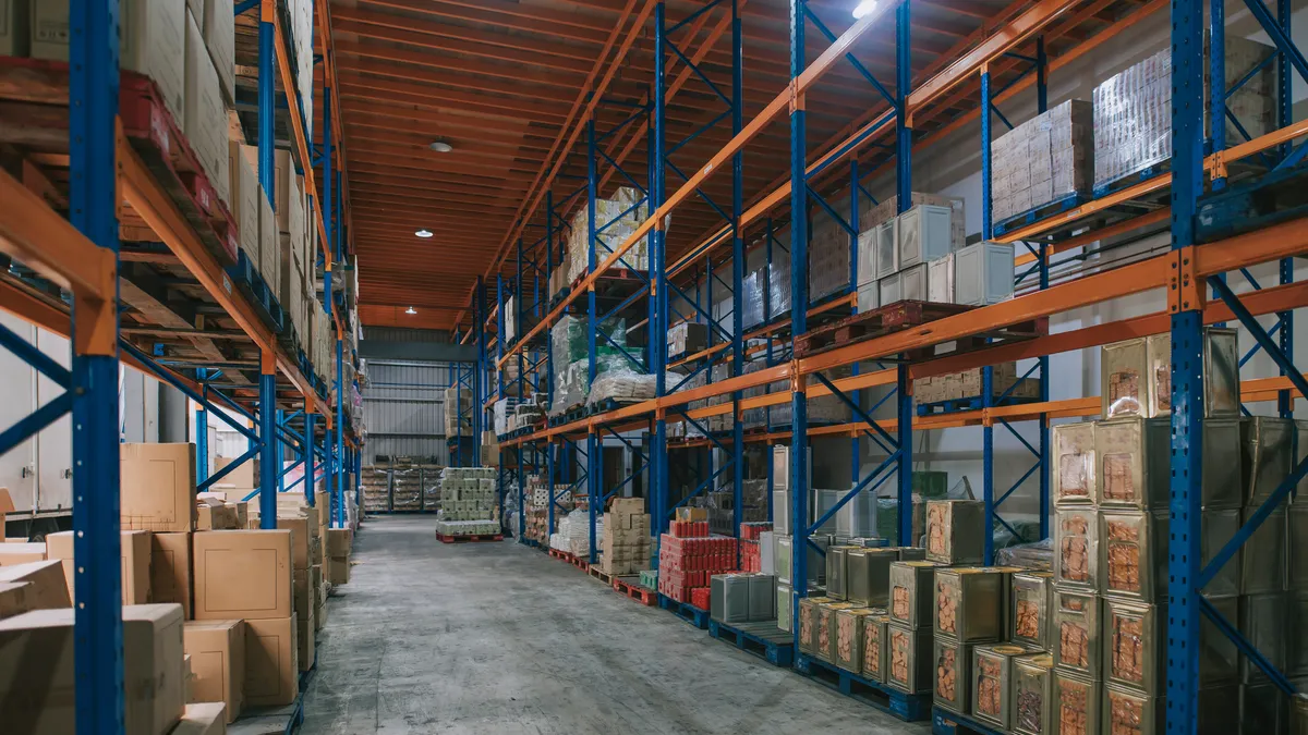 supermarket warehouse with rack, shelf storage carton, box, cardboard box and tin