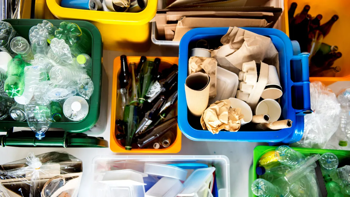 different types of packaging in different bins