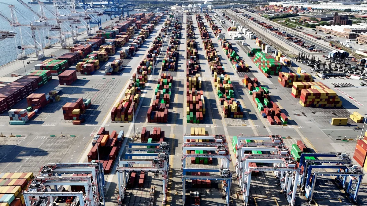 An aerial view of a marine terminal full with ocean containers in Baltimore.