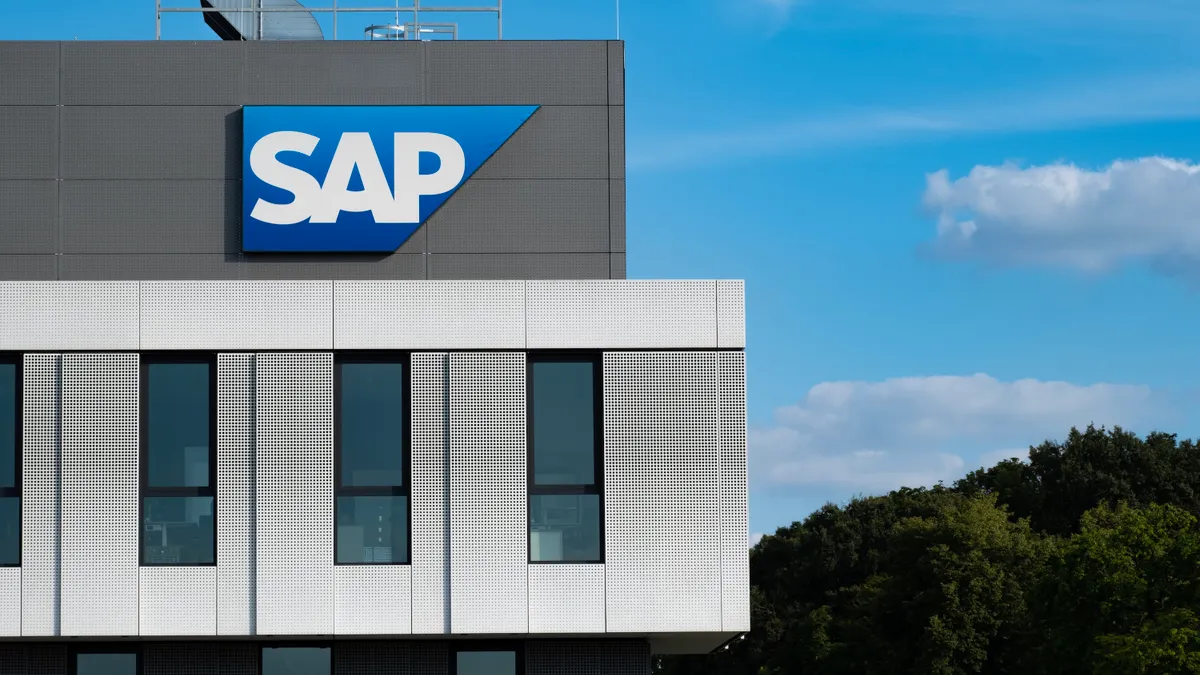 SAP logo on corporate building facade in Walldorf, Germany, on July 29, 2024.