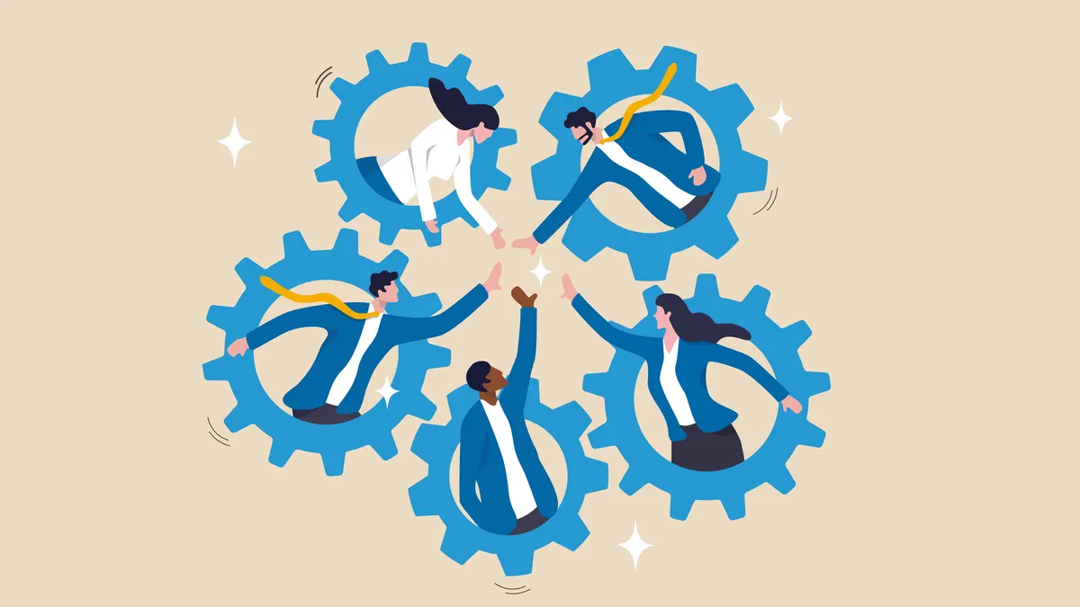 Team working together, teamwork, organization or employee collaboration for success