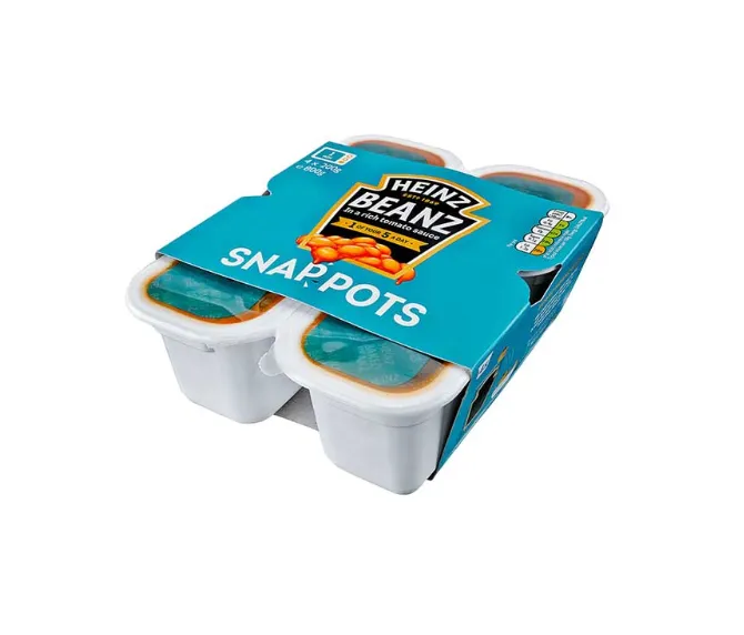 A four-pack of individual plastic pots of Heinz beans.