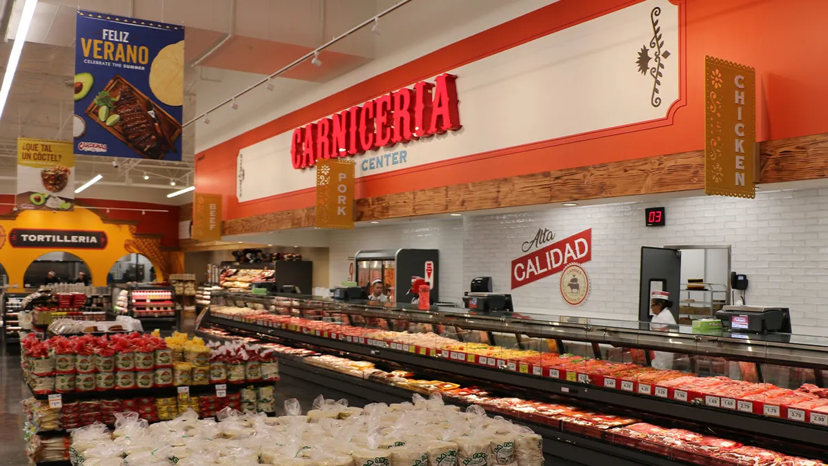 The meat department inside an Hispanic grocery store.