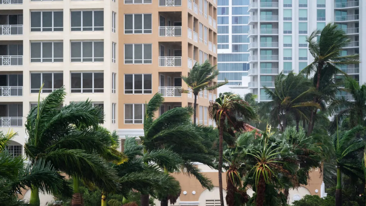 Palm trees are blown by a heavy wind, with tall apartment buildings in the background.