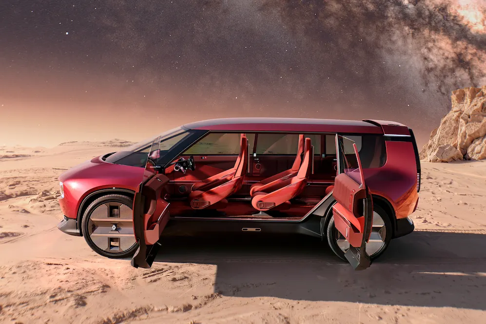 The Renault E-Space Concept in red shown in a simulated environment on Mars.