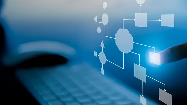 Business process and workflow automation with flowchart, businessman in background