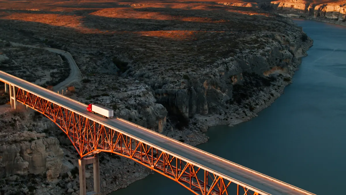 A truck crosses the Pecos River Bridge on Route 90 near Del Rio, Texas.