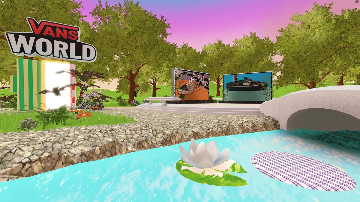 An image of Vans World on Roblox, featuring a bridge over water with two pictures of shoes on the shore.