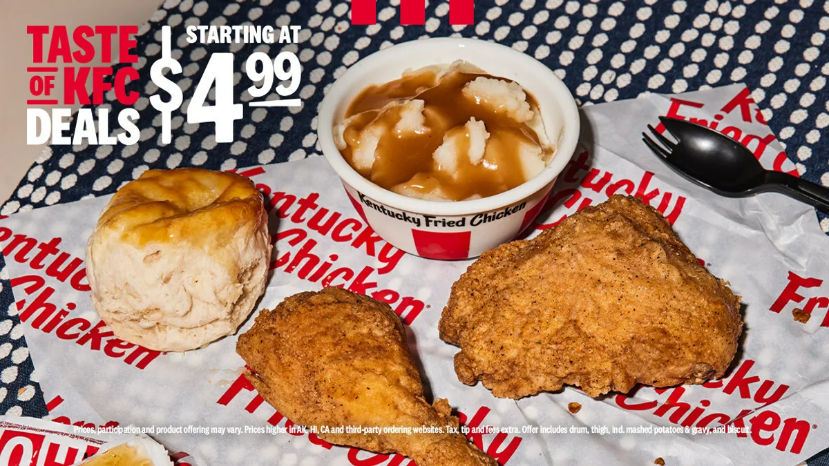 A promotional image for KFC's $4.99 two piece meal deal.