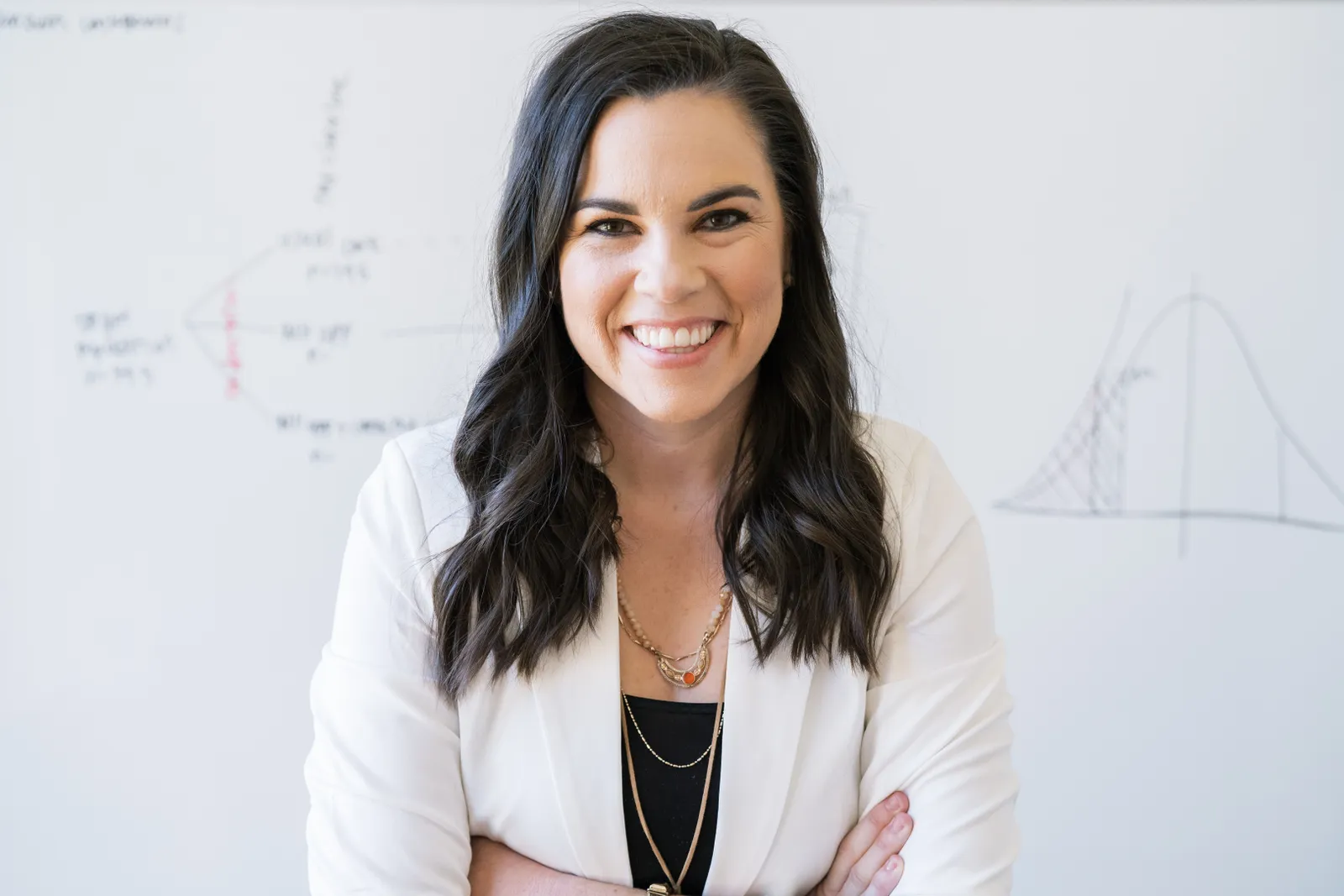 Katelyn Jetelina, publisher of newsletter Your Local Epidemiologist, is pictured smiling with her arms folded in front of a dry erase board.