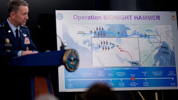 Chairman of the Joint Chiefs of Staff Air Force Gen. Dan Caine discusses the mission details of a strike on Iran during a news conference at the Pentagon on June 22, 2025 in Arlington, Virginia. U.S. President Donald Trump gave an address to the nation last night after three Iranian nuclear facilities were struck by the U.S. military.