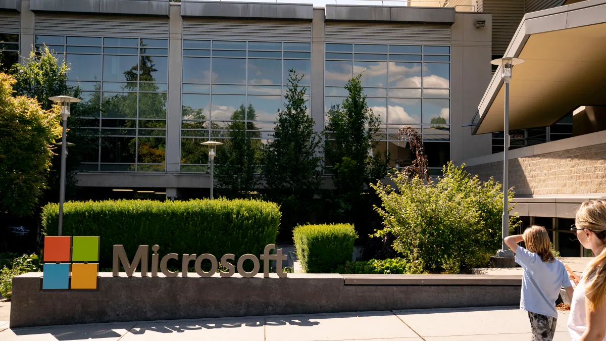 A sign is seen at the Microsoft headquarters on July 3, 2024 in Redmond, Washington.