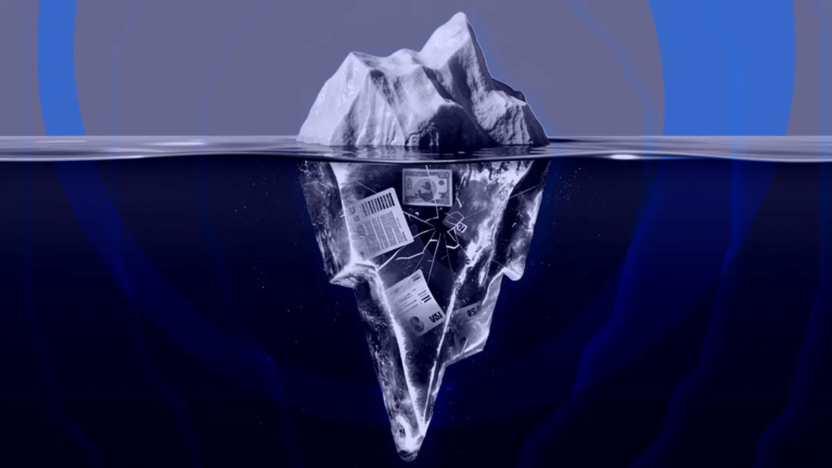 An iceberg floats in dark water, with various items like documents and a credit card.