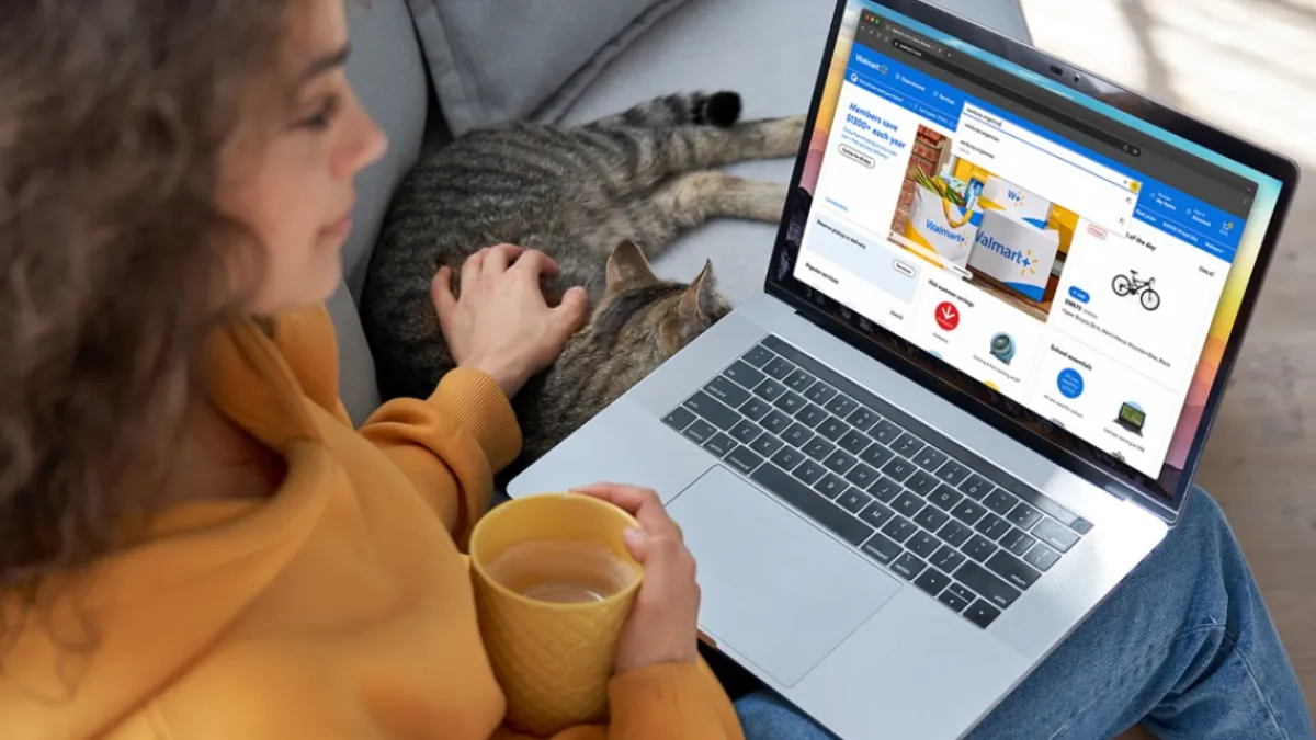 A person sits on a couch petting a cat; a laptop features the Walmart website.