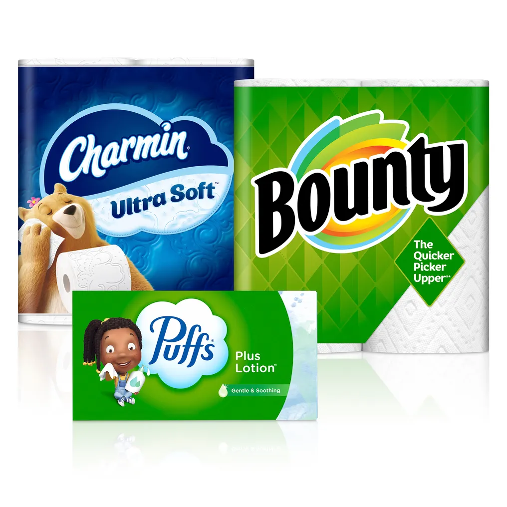 Images of Charmin Ultra Soft toilet paper, Bounty paper towels and Puff's tissue.