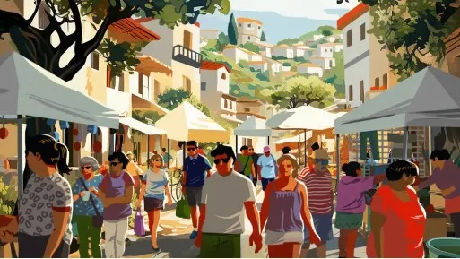 An illustration of people walking in a crowded street.