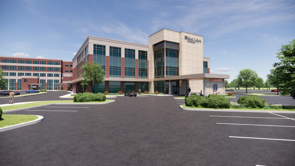 A rendering of a new hospital building. It looks made in a computer program. The building is in the background, while there is a parking lot and some green grass in the foreground.