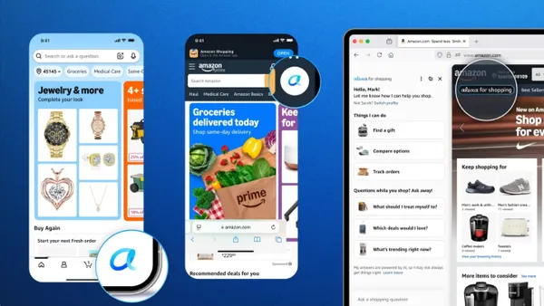 Amazon's Alexa for Shopping displayed on several phones.