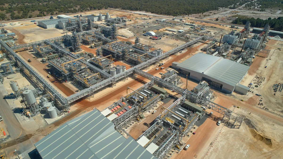 A lithium hydroxide plant on sand and dirt.