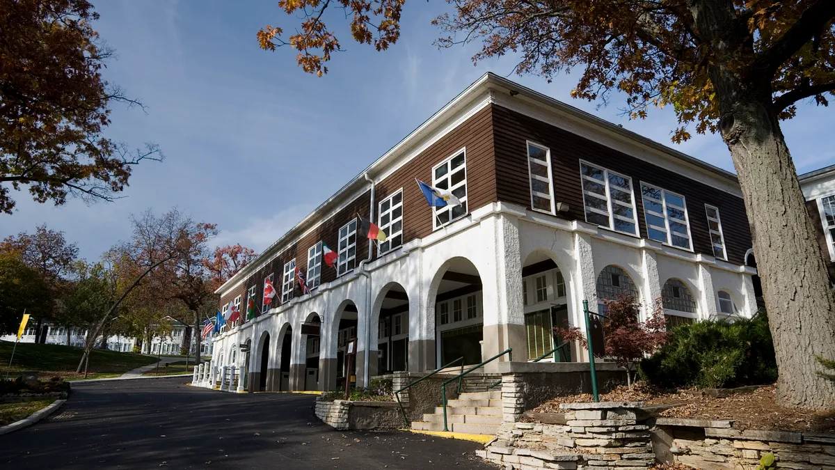 A building flies flags.