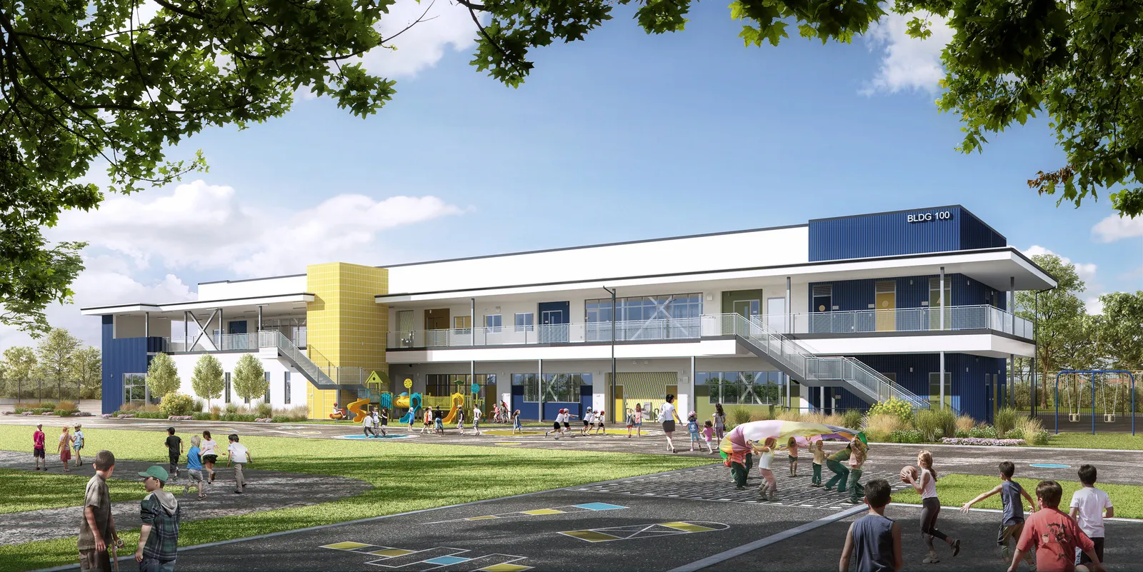 A rendering of the outside of a two-story school building that has a balcony that stretches across the entire side of the 2nd floor. In front of the building are images of children playing.