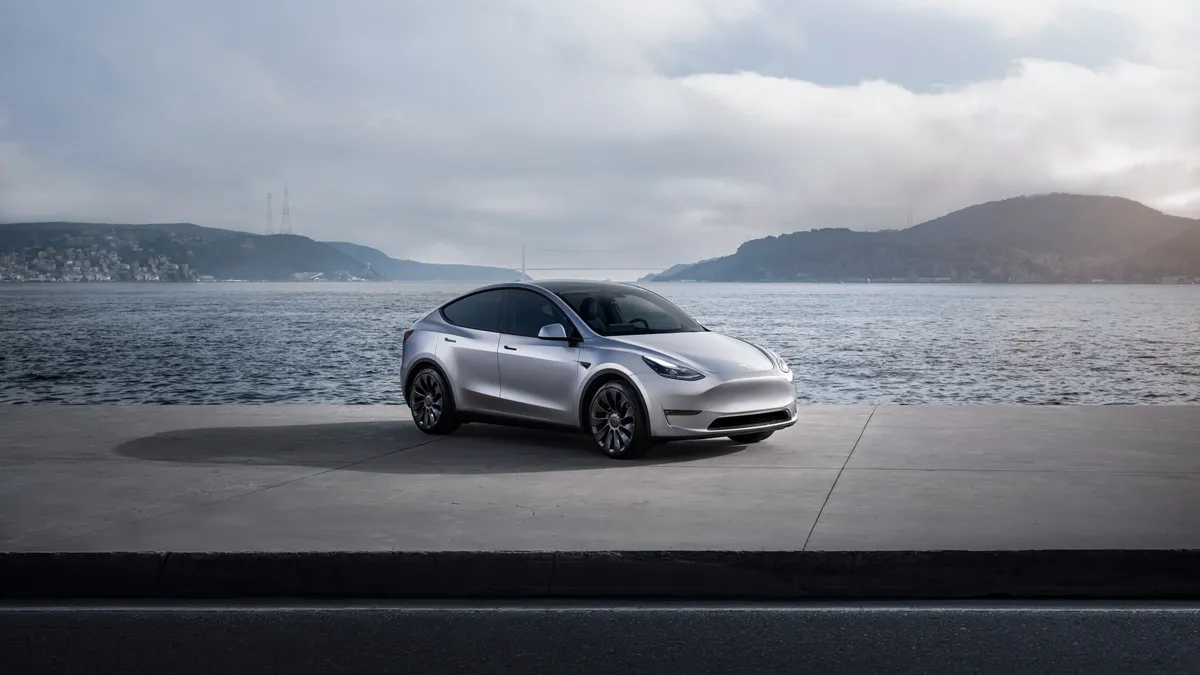 A silver Tesla Model Y.