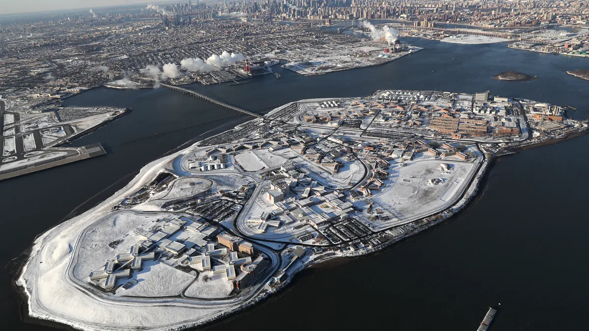 Rikers Island jail complex stands under a blanket of snow on January 5, 2018.